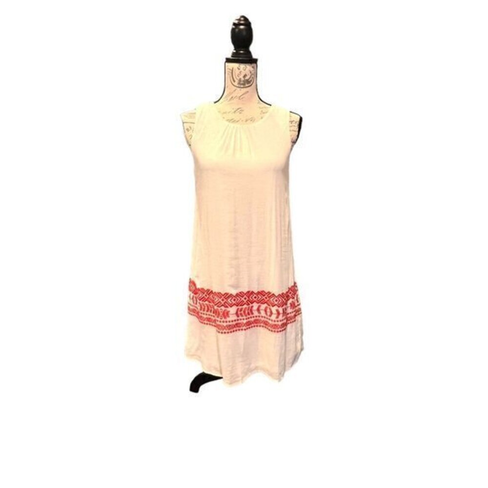 C. Puce Sleeveless Lined Dress Linen Blend Red Embroidered Trimβ BOHO Summer EUC